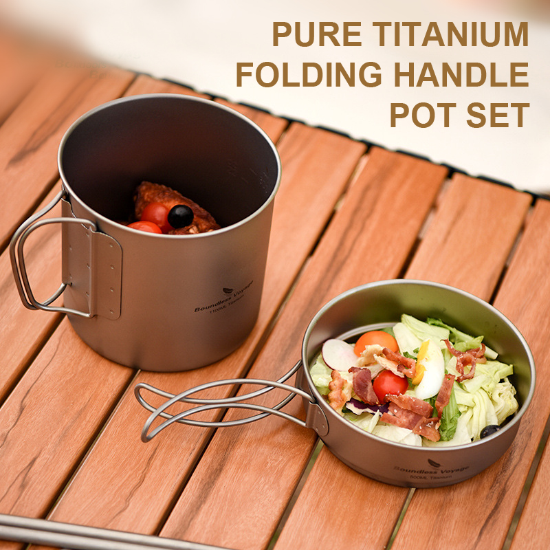 Camping Cooking Frying Pan - Saf Titanyum Katlanır Saplı Tencere Seti,