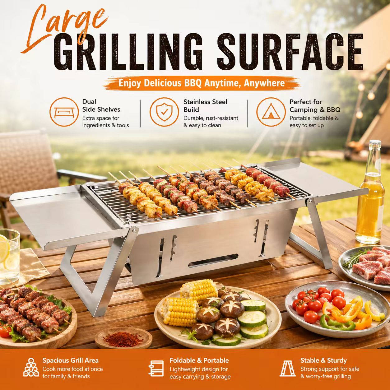 Camp Grill Portable Folding - Katlanabilir Paslanmaz Çelik Kömürlü Barbekü Izgarası